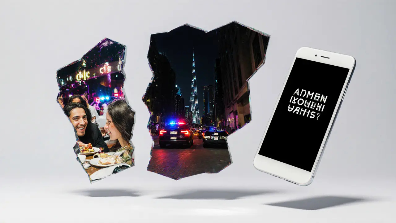 A fractured mirror showing Dubai&#039;s contrasting realities: vibrant nightlife, police sirens, and a coded message on a phone.