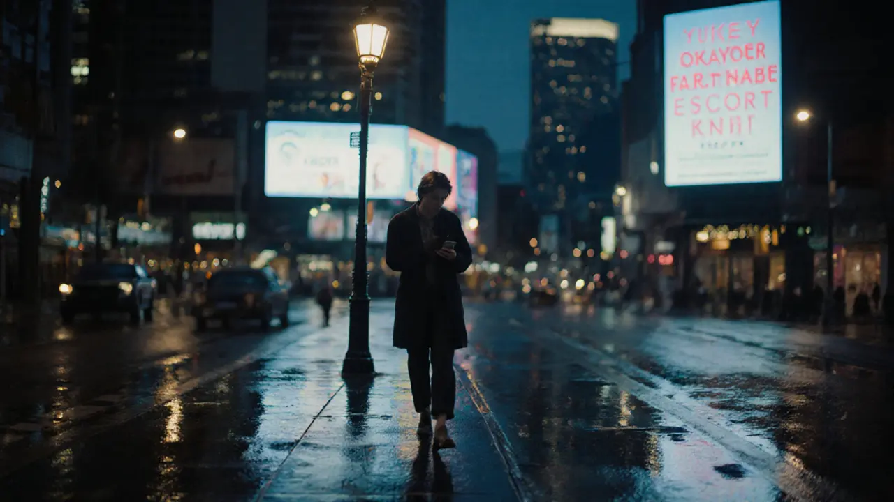 A lone person walking at dusk in Sydney, phone in hand, under a streetlamp with subtle digital directory signs in the distance.