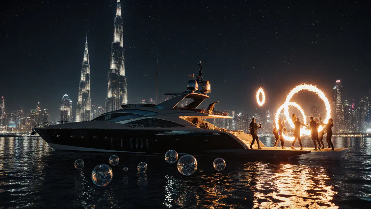 A luxury yacht at midnight with fire dancers and the Burj Khalifa reflected in the water.