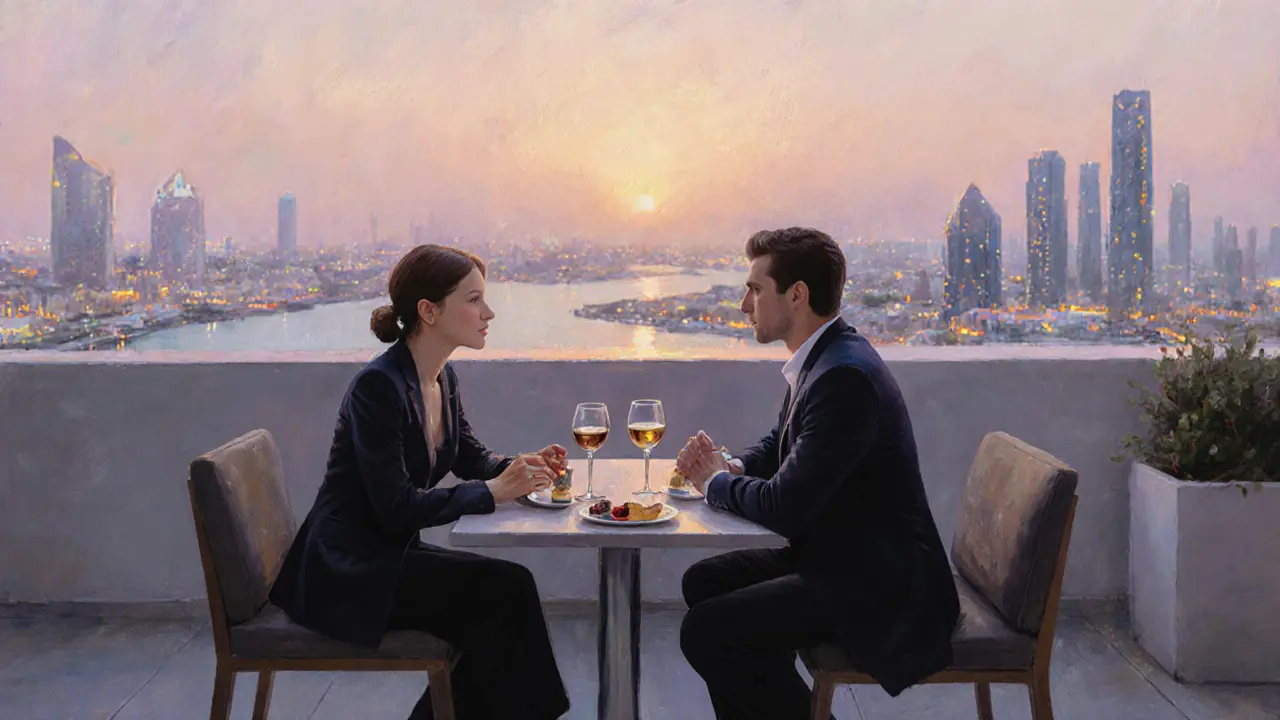 A man and woman share a quiet moment at a rooftop lounge in Dubai as the sun sets over the Marina.