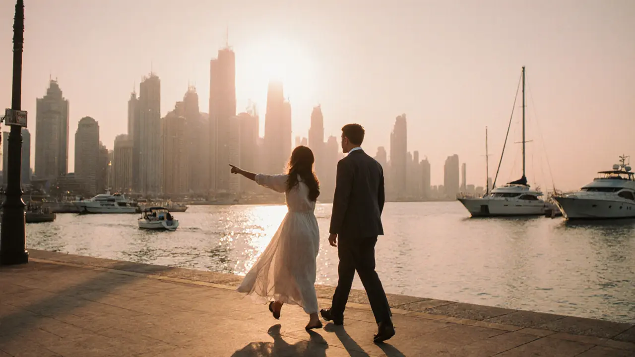 A man and woman walking side by side along Dubai Marina at sunset, enjoying peaceful companionship.