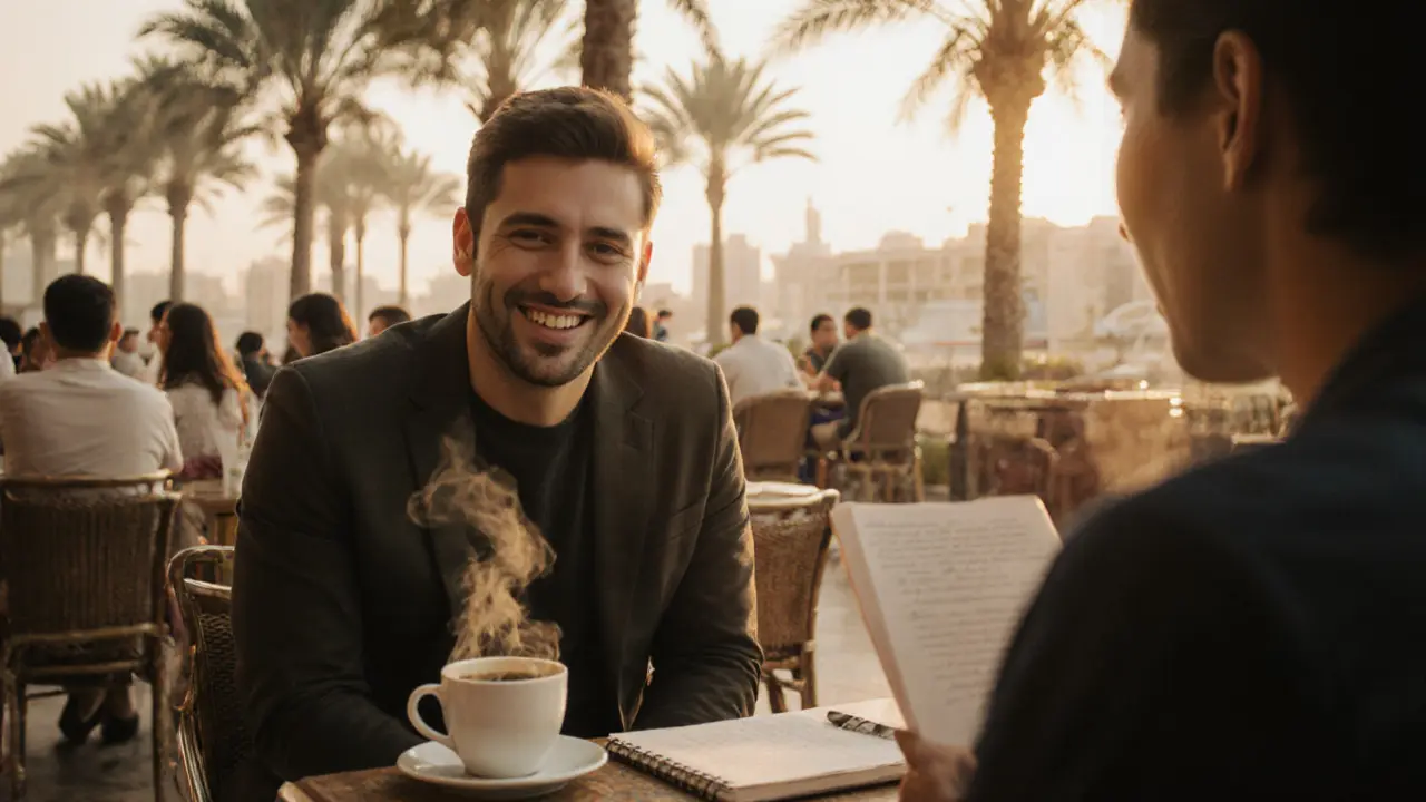 A man smiling at a café in Dubai, sharing a quiet moment with another person.