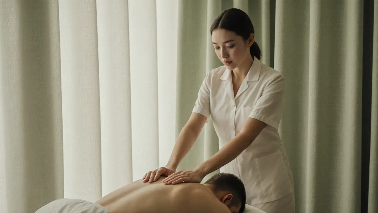 A peaceful spa room with soft lighting and a massage table, conveying safety and professionalism.