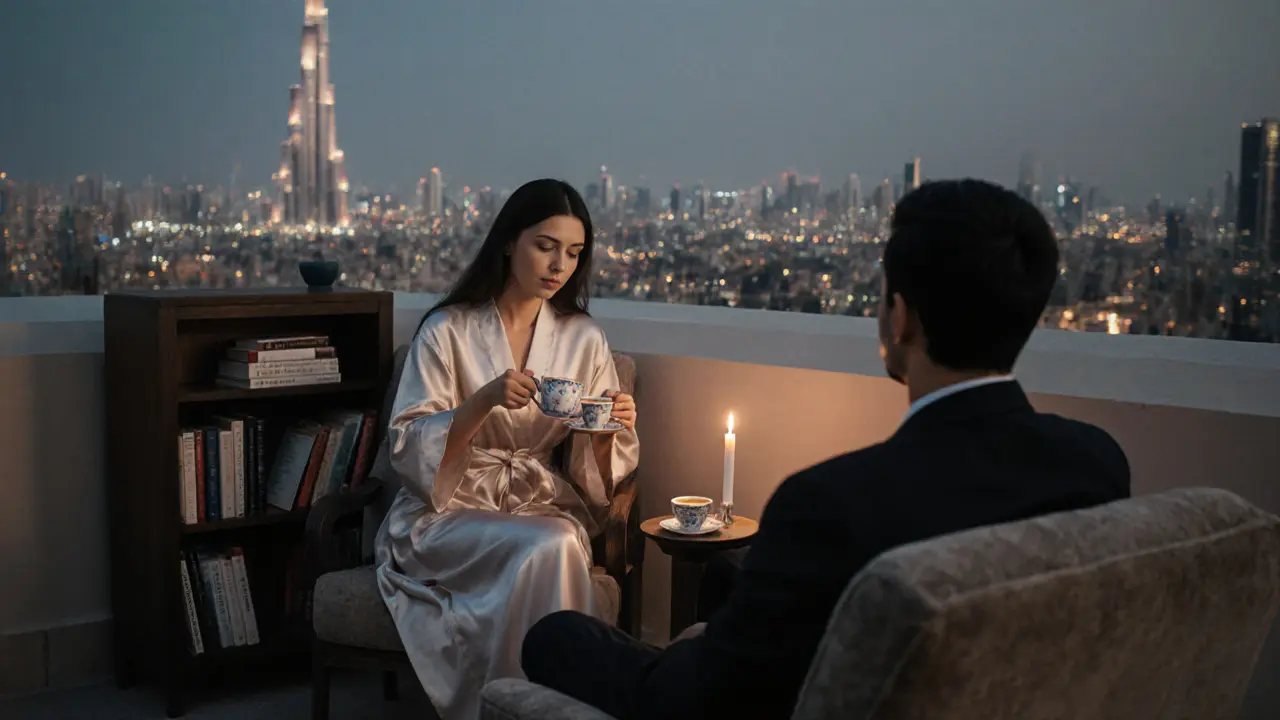 A private rooftop terrace at dusk with tea and books, overlooking Dubai&#039;s skyline.