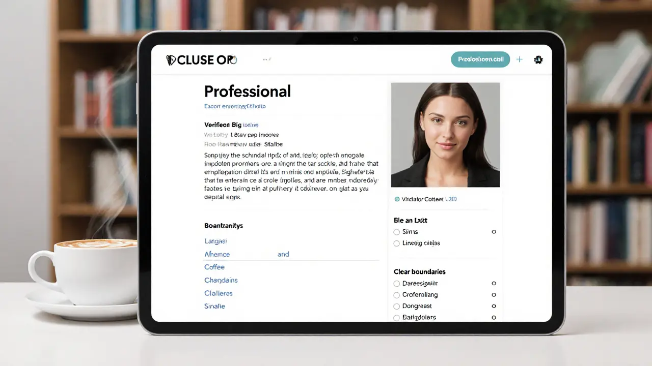 A professional escort&#039;s verified profile on a tablet, showing clear bio, languages, and boundaries.
