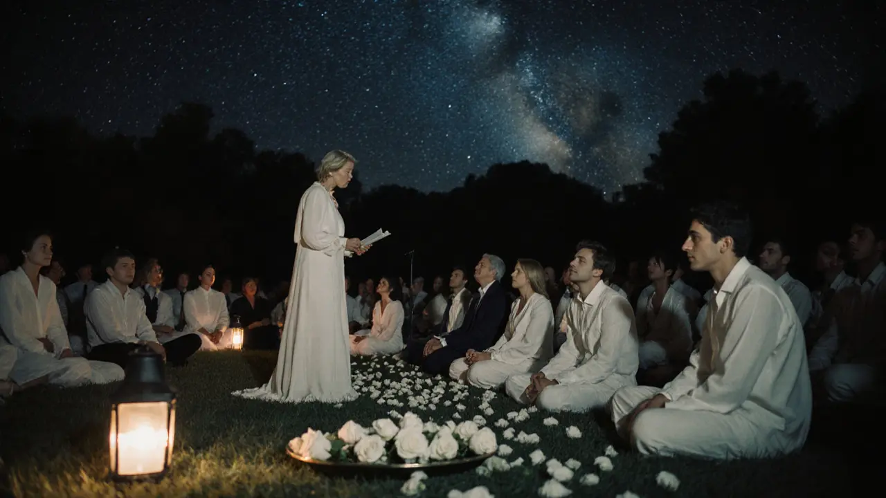 A quiet moment at dawn: guests sit in silence under stars as someone recites poetry, rose petals scattered on sand, no phones or lights visible.