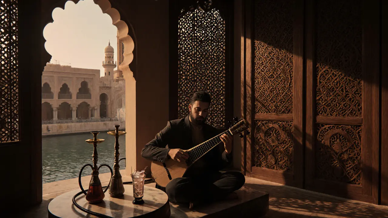 A quiet oud player in a historic wind-tower lounge with lantern light and shisha pipes.