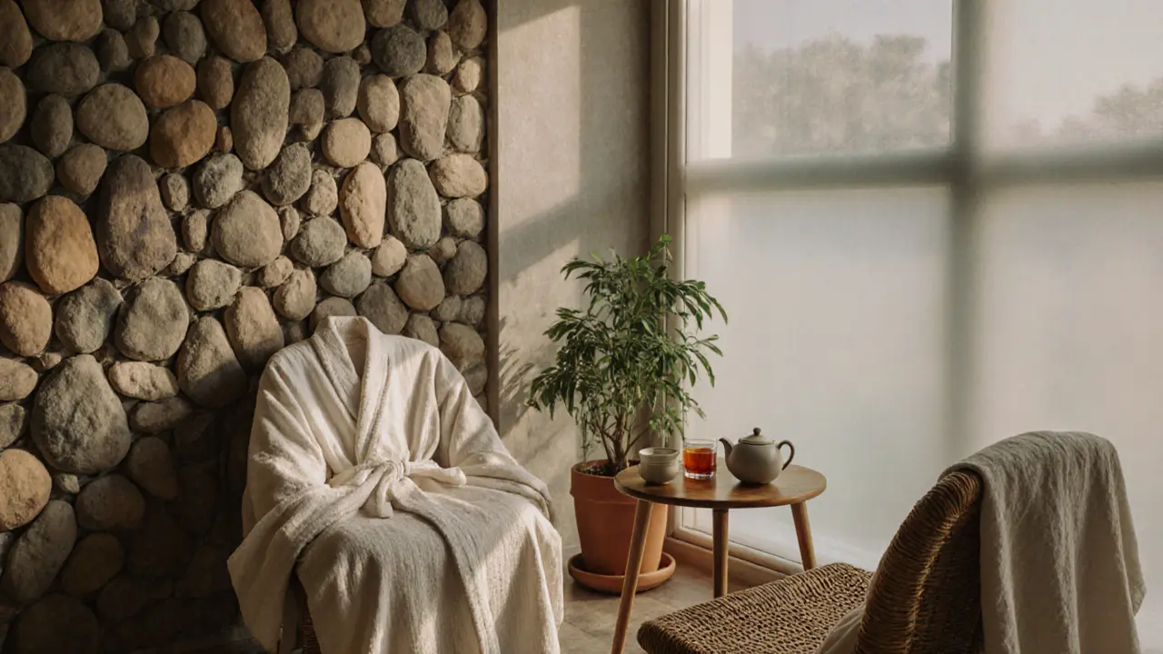 A quiet waiting area at a Dubai massage center with wooden furniture, herbal tea, and natural light.