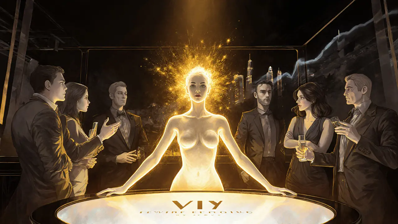 A radiant model radiates golden energy, drawing VIPs and influencers toward a glowing nightclub table.