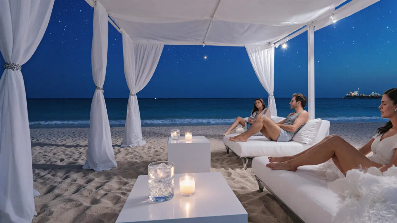 A serene beach cabana at night with candles, cocktails, and waves gently lapping nearby.
