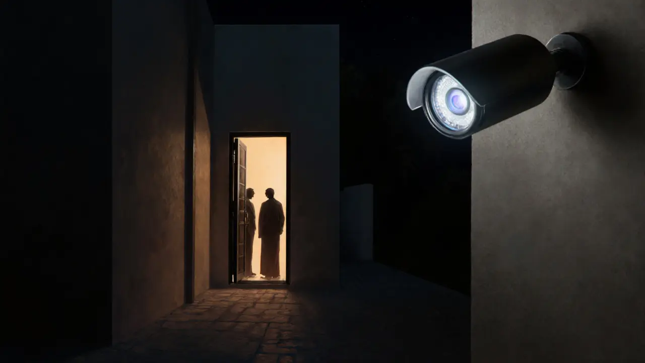 A shadowy alley behind a luxury Dubai villa with a sliver of light from an open door and a hidden camera.