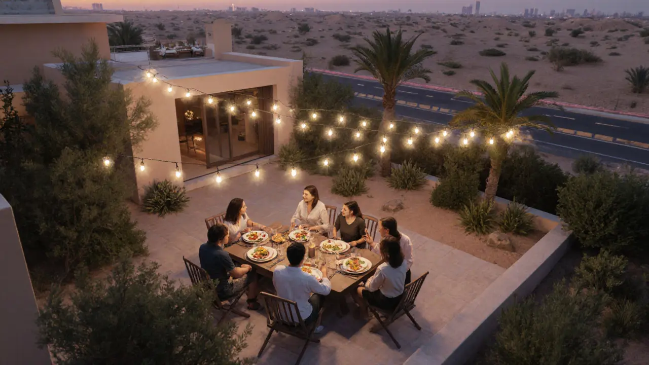 A small group shares an intimate dinner at a secluded desert villa, string lights glowing softly in the dusk.