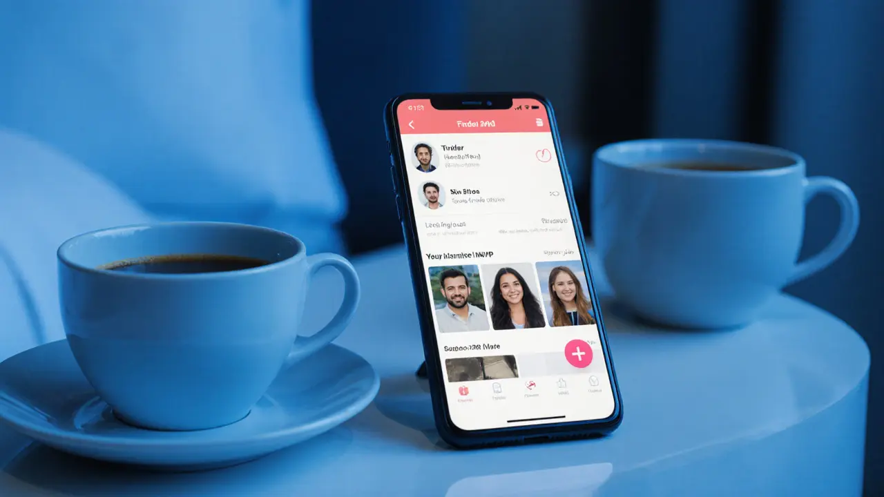 A smartphone on a hotel nightstand showing a dating app notification with a VPN app visible.
