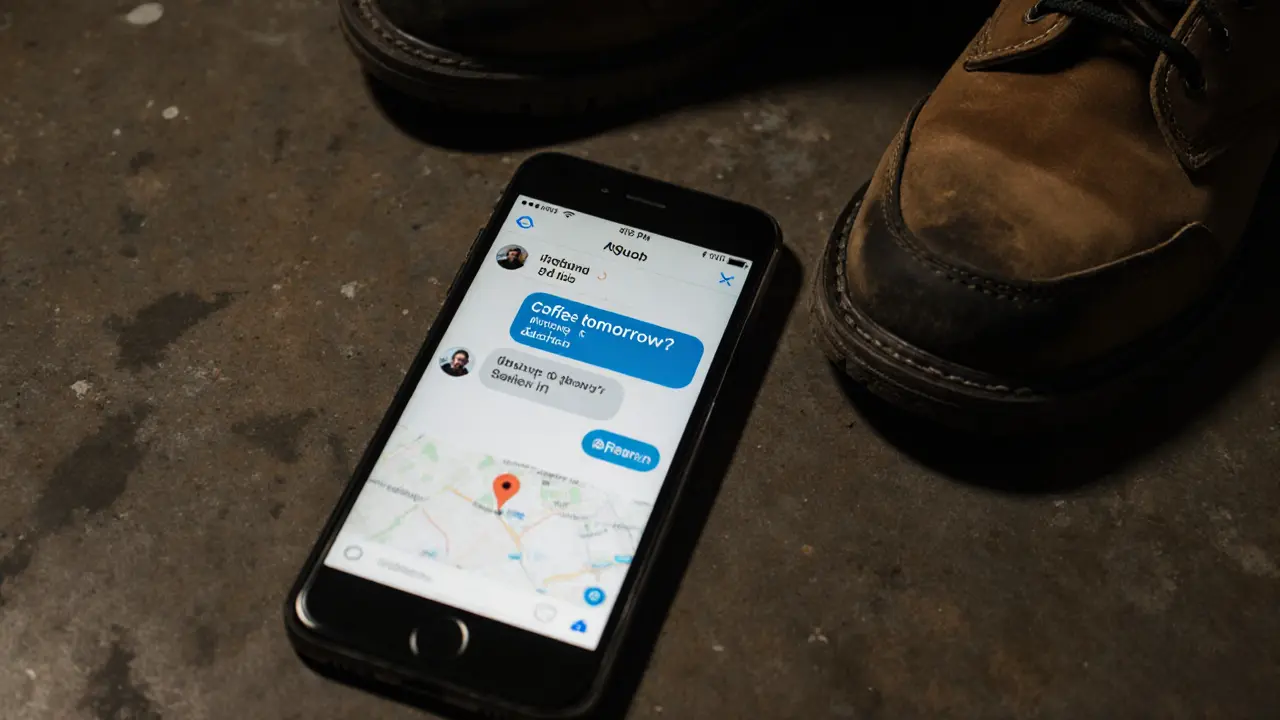 A smartphone screen showing coded messages on a warehouse floor beside work boots, dim lighting.