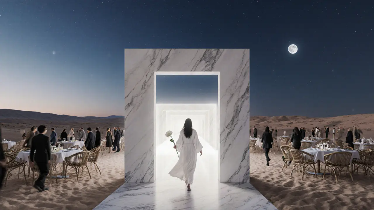 A solitary figure in white walks through a desert gate, holding a flower, as a glowing hidden party unfolds behind them under the stars.