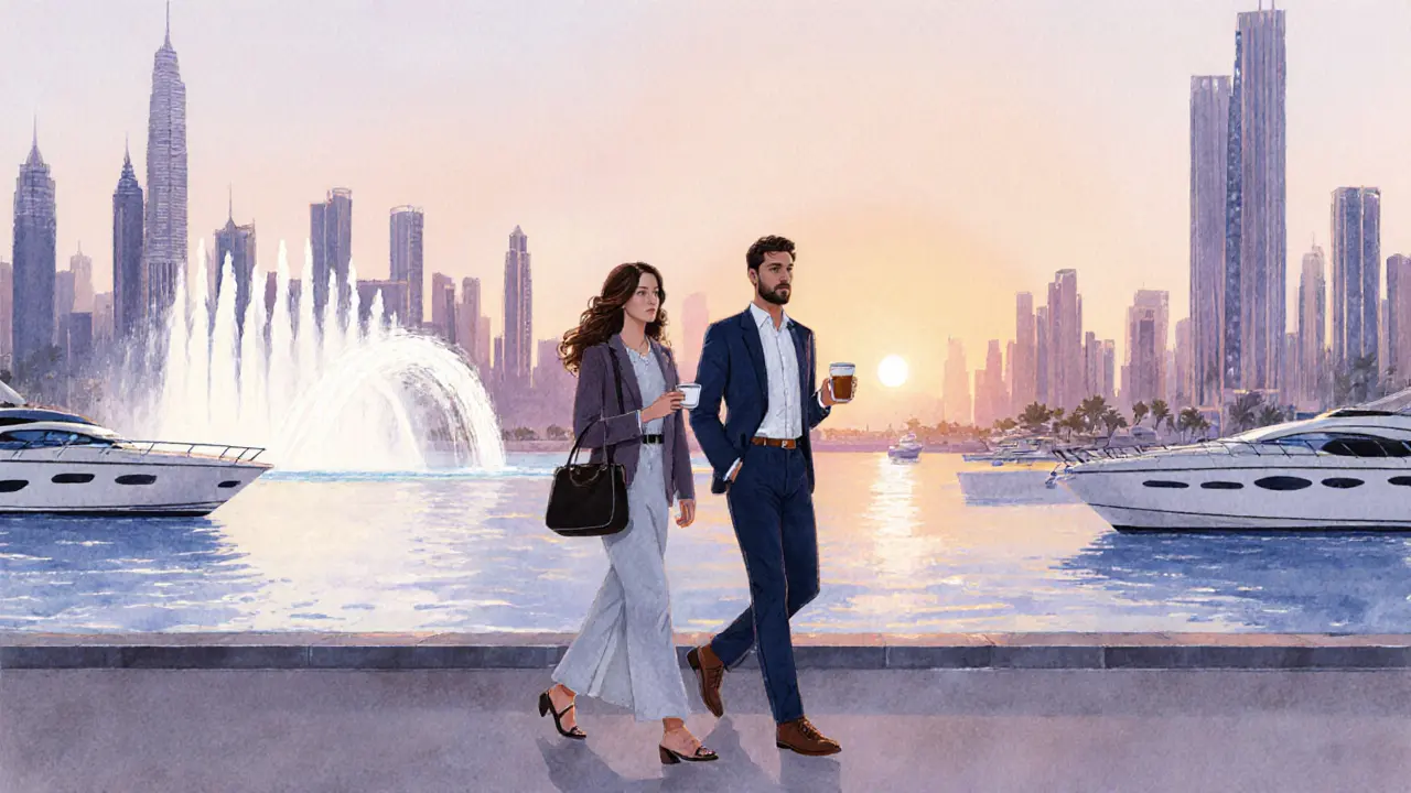 A sophisticated pair walking along Dubai Marina at dusk, the fountain show lighting up the skyline behind them.
