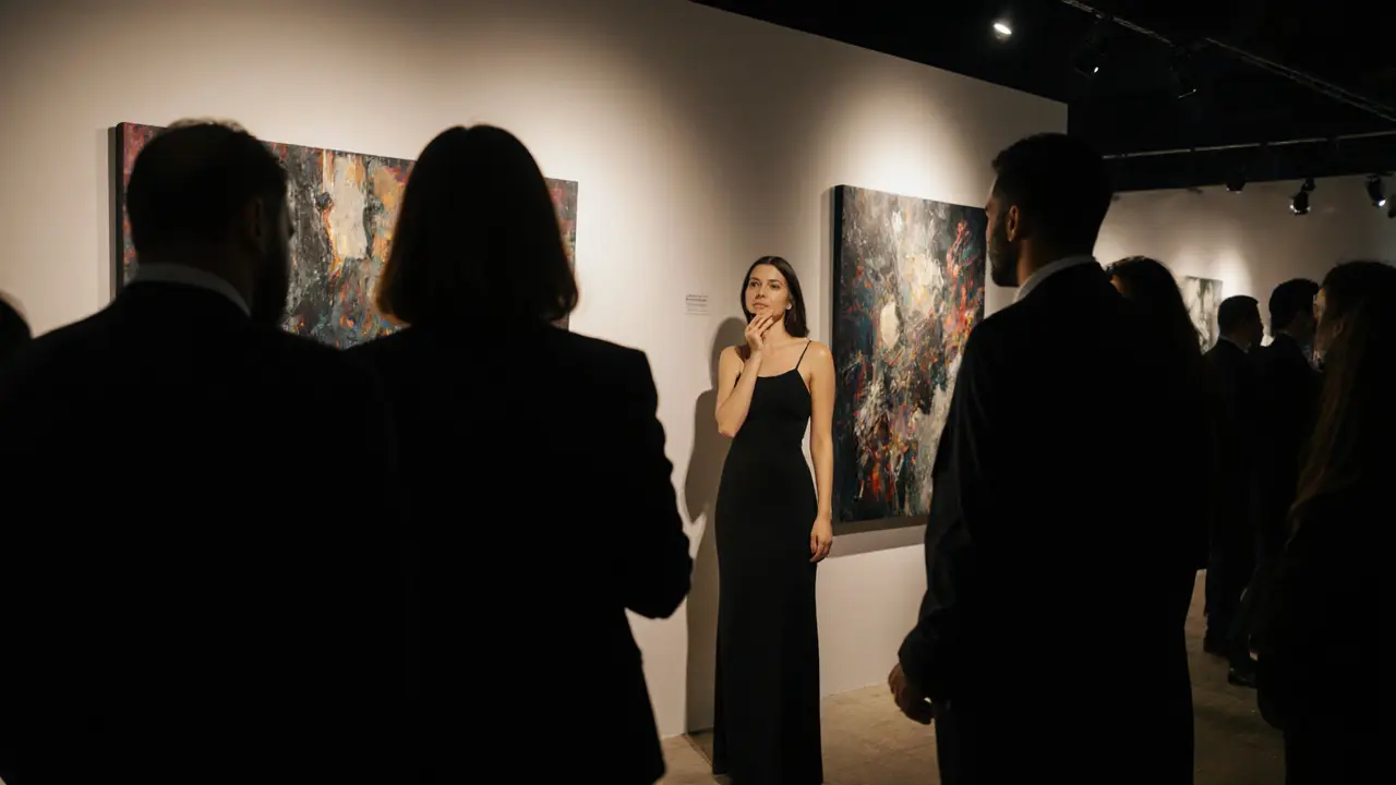 A sophisticated woman and man at an exclusive art gallery opening, engaged in quiet conversation.