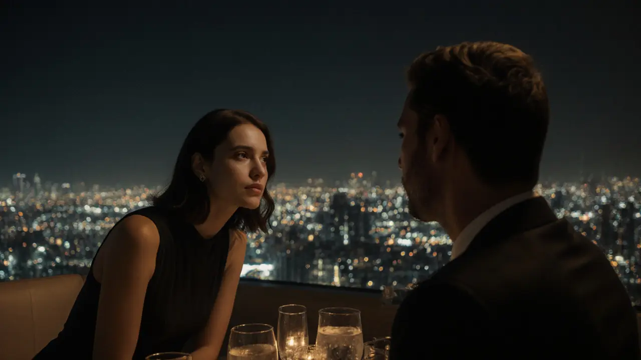 A sophisticated woman listening intently to a man on a hidden Dubai rooftop at night.