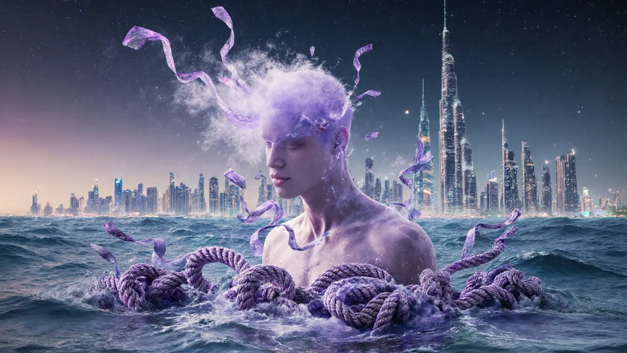 A surreal image of stress melting into aromatic mist, with tension unraveling into calm waves beneath Dubai&#039;s glowing skyline.