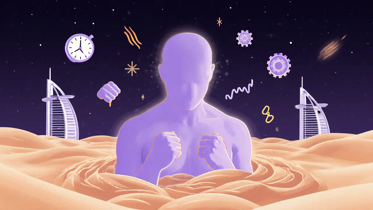 A surreal silhouette dissolving into calming light, symbolizing stress release after a full-body massage, with Dubai&#039;s skyline faintly visible in the background.