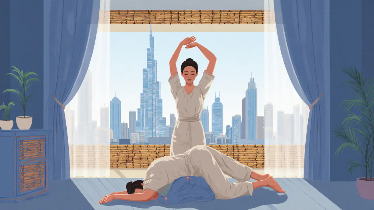 A Thai massage therapist gently stretching a client’s arms in a quiet Dubai spa with Burj Khalifa in the distance.