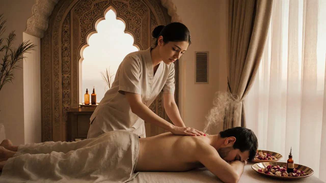 A therapist applying aromatherapy massage with frankincense oil in a culturally inspired Dubai massage space.