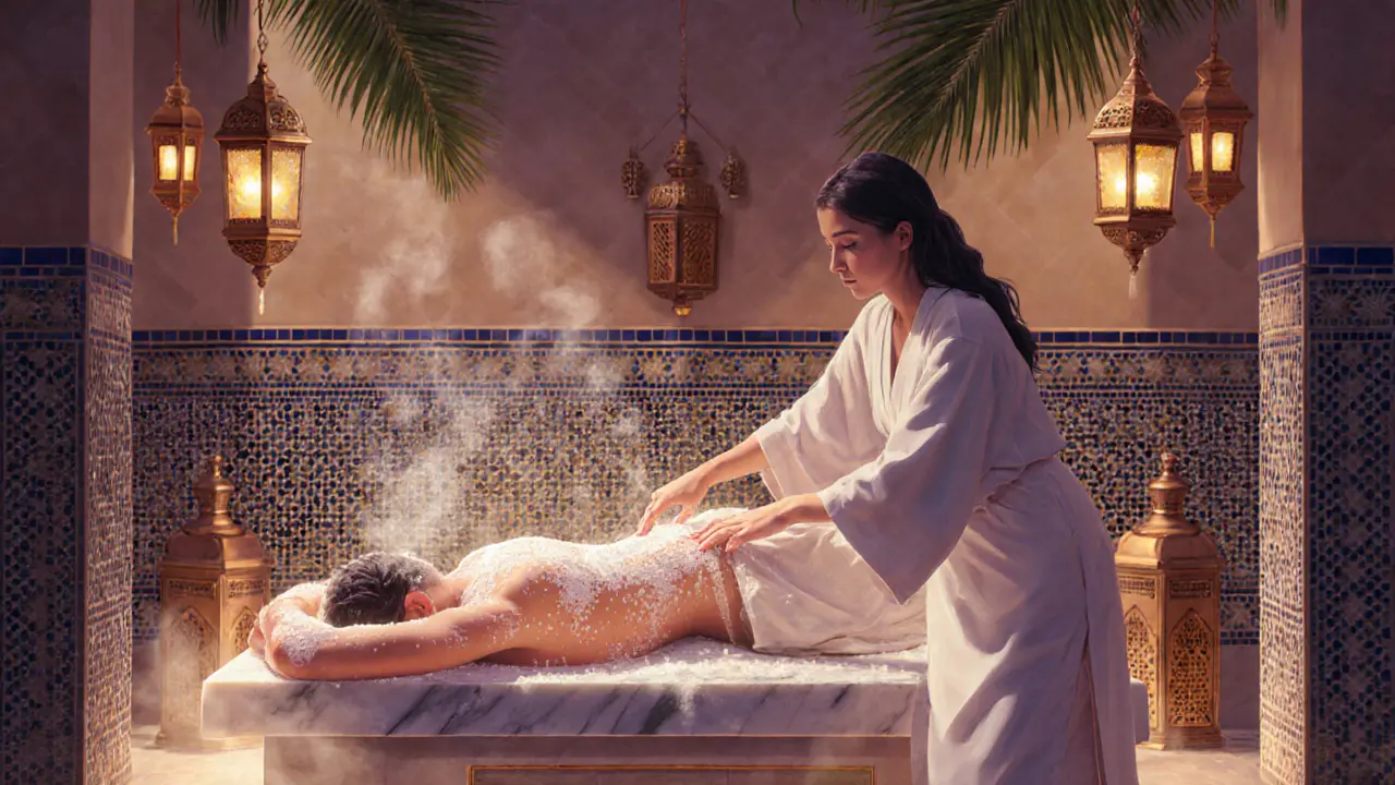 A traditional Arabian Hammam massage with steam, natural salts, and argan oil in a tiled ritual space.