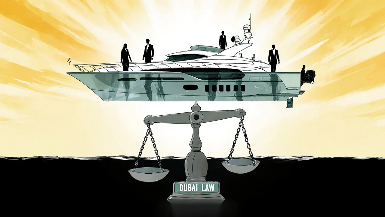 A transparent luxury yacht floats above a legal scale, with chains descending into darkness, symbolizing the risks of illegal companionship in Dubai.