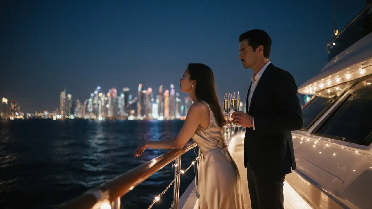 A woman and man on a luxury yacht at twilight, gazing at Dubai Marina’s glowing skyline.