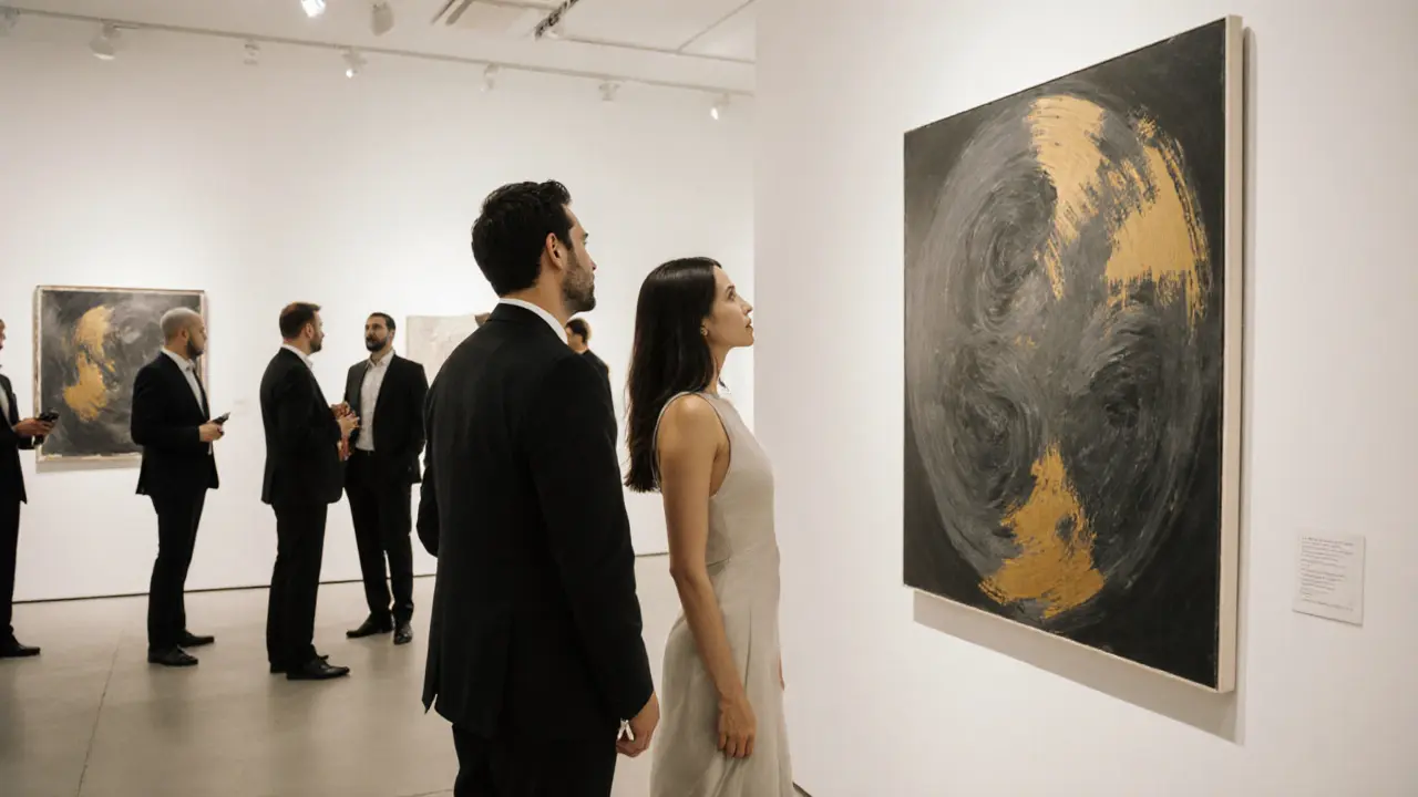 A woman and man viewing art at a private gallery opening in Dubai, surrounded by elegant guests.