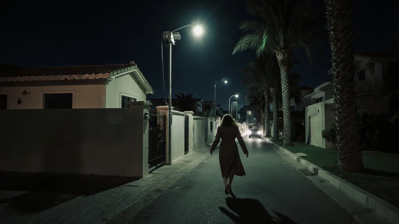 A woman entering a gated villa in a quiet residential area under a flickering streetlight, security cameras visible.