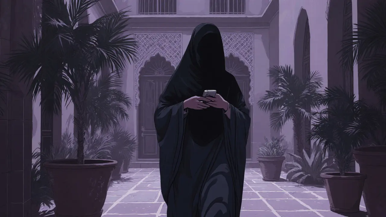 A woman in an abaya walks quietly through a courtyard in Bur Dubai, holding a phone, face in shadow.