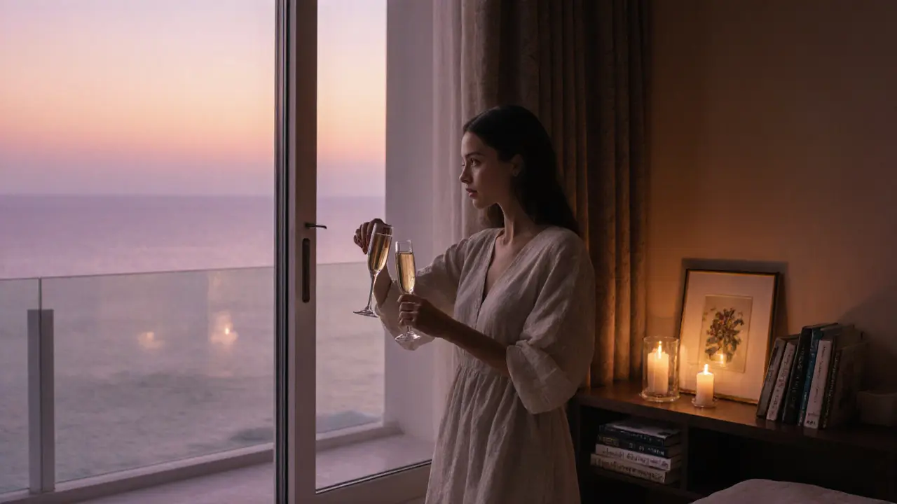 A woman pouring champagne in a luxurious villa at sunset, overlooking the ocean with soft candlelight.