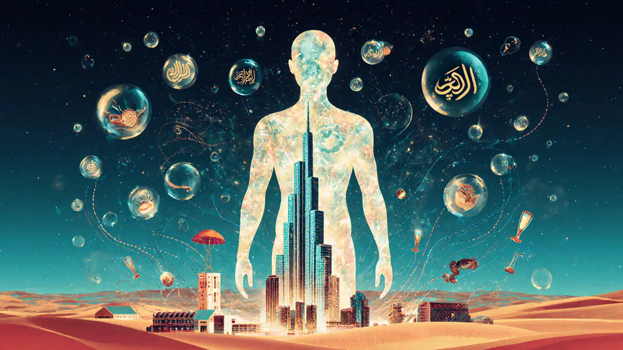 Abstract representation of Dubai nightlife as a glowing figure made of music, drinks, and city icons.