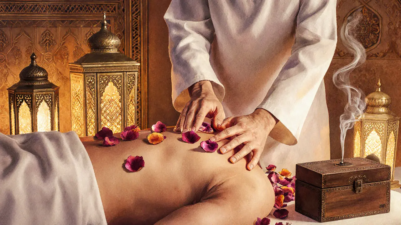 An Arabian Oud massage with warm oil, amber petals, and traditional lanterns casting golden light in a luxurious Middle Eastern spa setting.