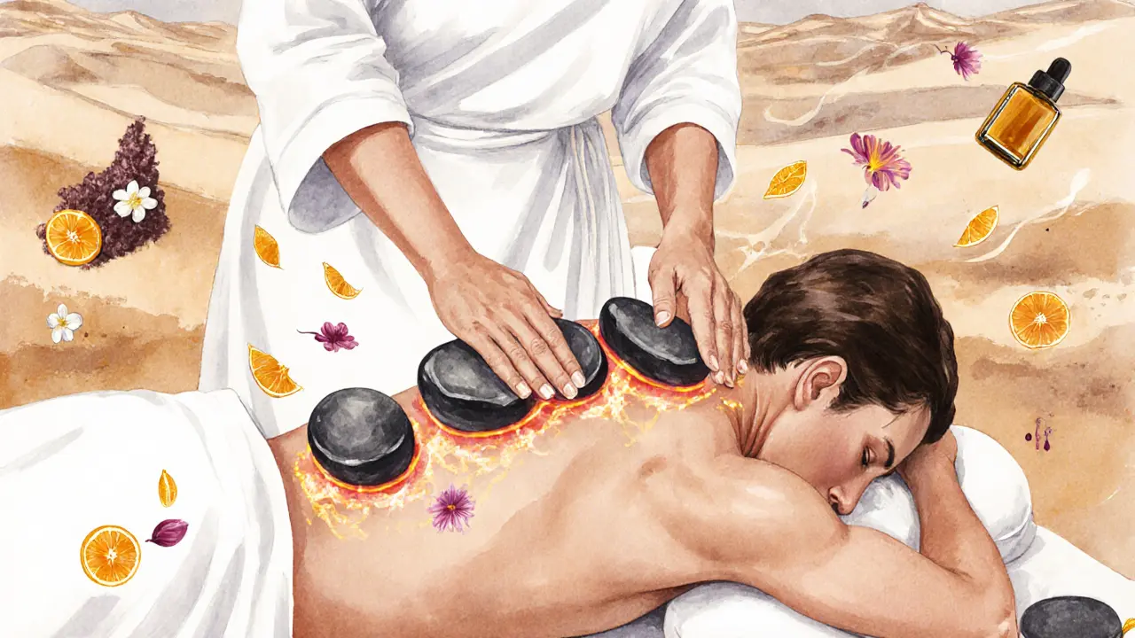 An artist&#039;s watercolor depiction of a massage blending Arabian and Swedish techniques, with petals and oil droplets floating around the therapist&#039;s hands.