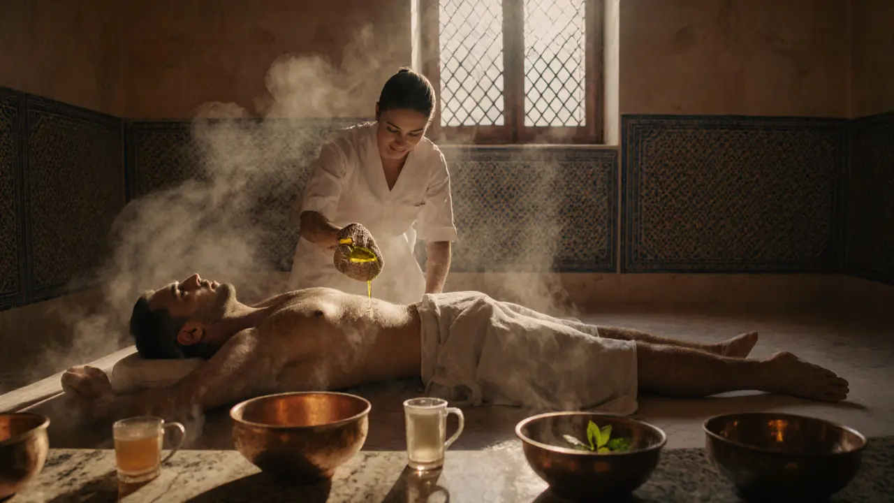An authentic Arabic Hammam ritual with steam, olive oil, and traditional tools on a marble slab.