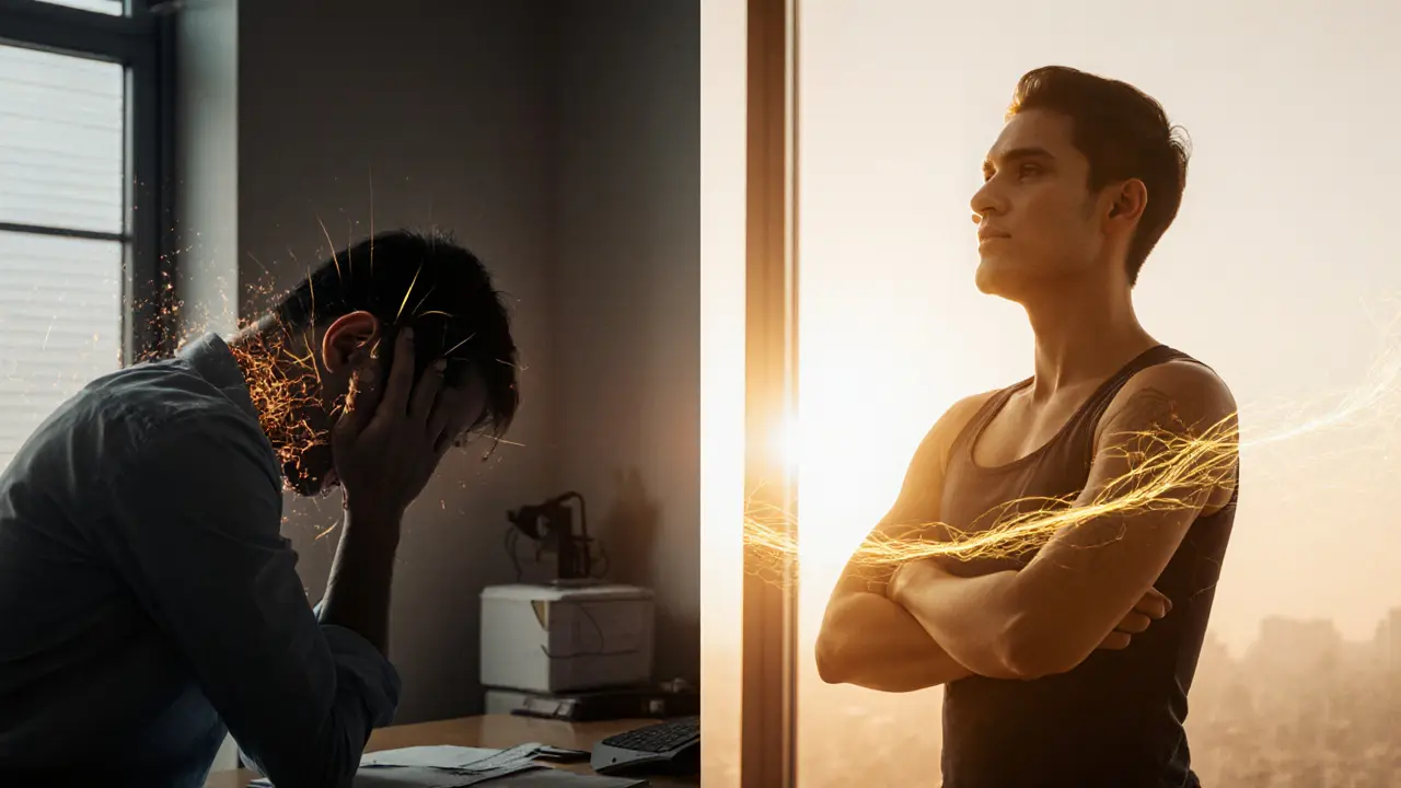Before and after: tense office worker transformed into relaxed person after Thai massage, golden energy lines dissolving, symbolizing release.