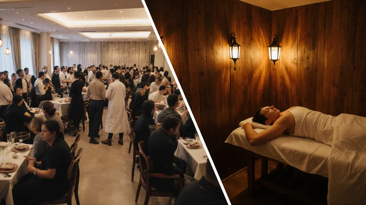 Contrast between a busy hotel spa and a peaceful local massage center offering true relaxation.