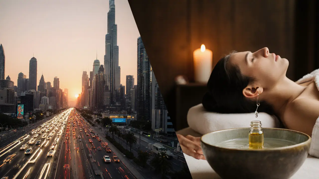 Contrast between Dubai’s busy cityscape and a peaceful massage room with a single falling oil drop.