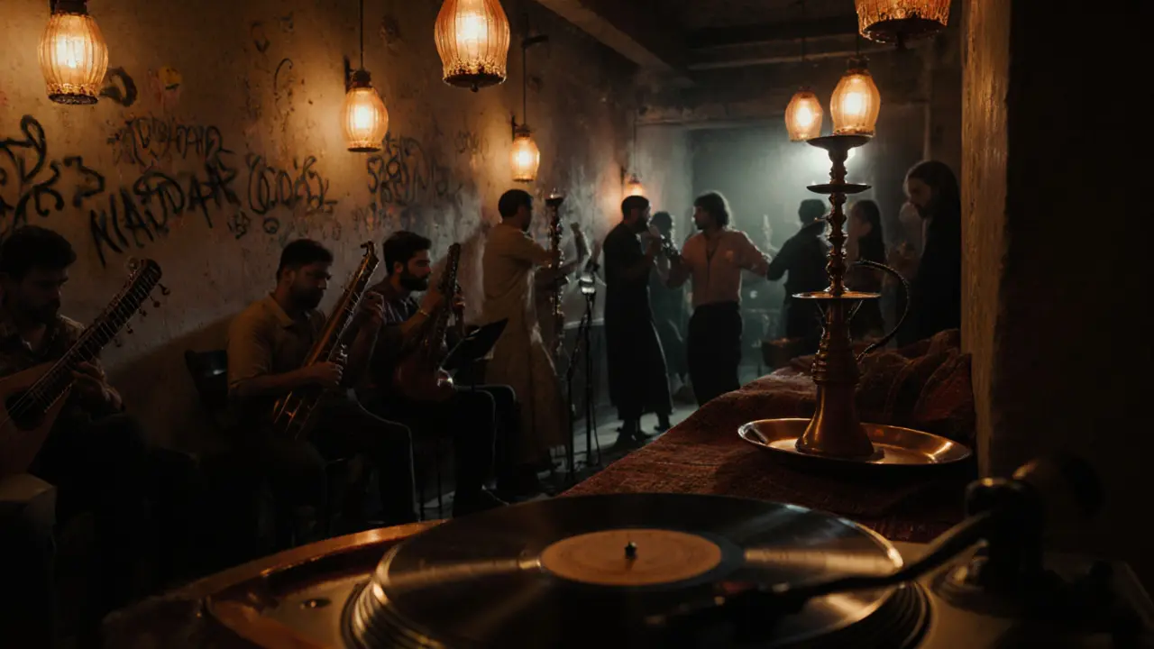 Dimly lit underground lounge with oud players and hookah smokers in a converted warehouse in Dubai.