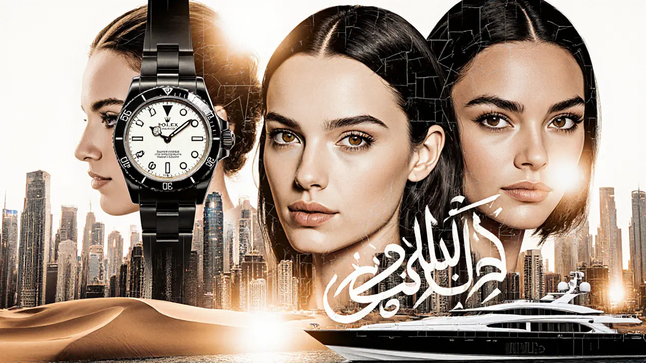 Editorial mosaic of Dubai models blended with luxury symbols and cityscape.