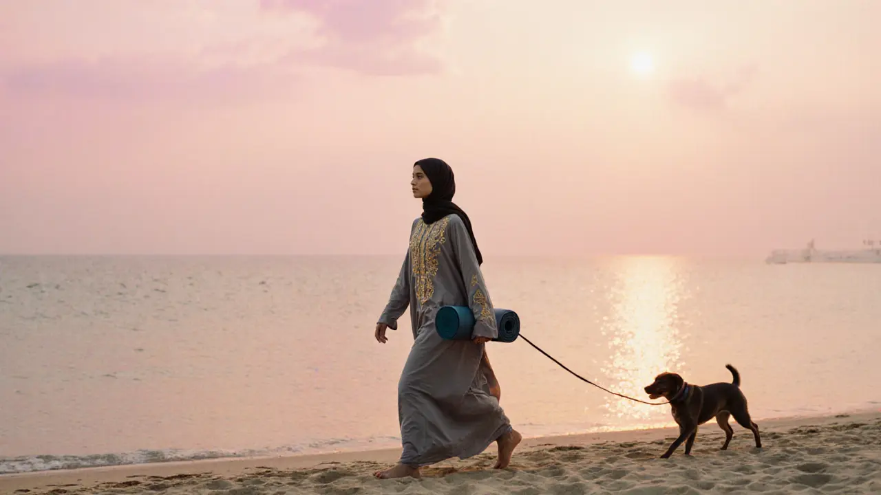 Emirati model walking on La Mer Beach at dawn with a yoga mat and dog.
