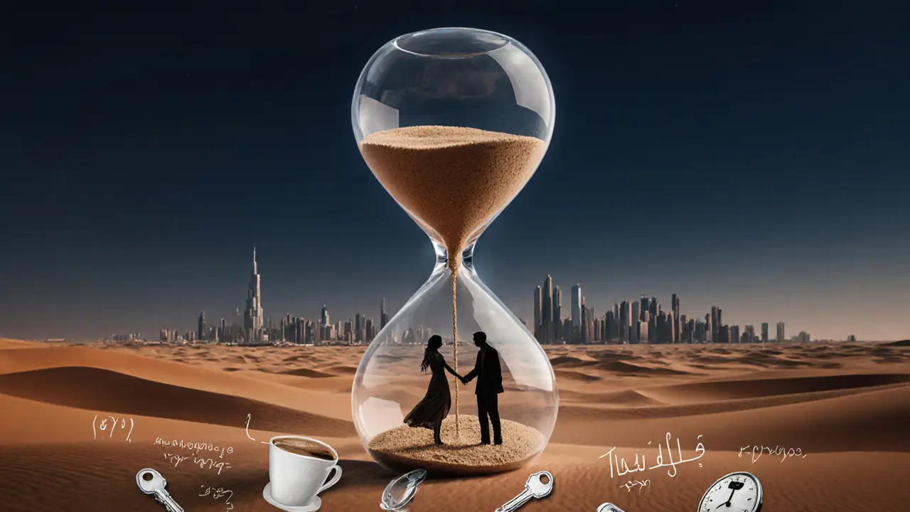 Hourglass above desert with silhouettes of connected figures, Dubai skyline behind.