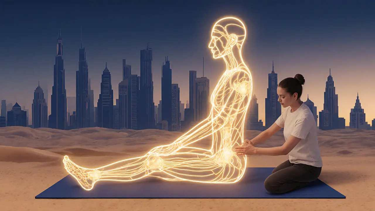 Human body with glowing energy lines overlaid on a Dubai cityscape at dusk, symbolizing Thai massage's holistic healing.