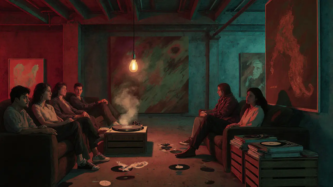 Industrial warehouse after party with art installations, vinyl turntable, and cozy lounge seating.