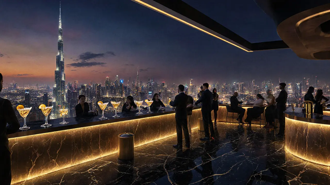Level 43 rooftop club with gold bar and Dubai skyline glowing below at night, patrons enjoying cocktails with edible gold flakes.