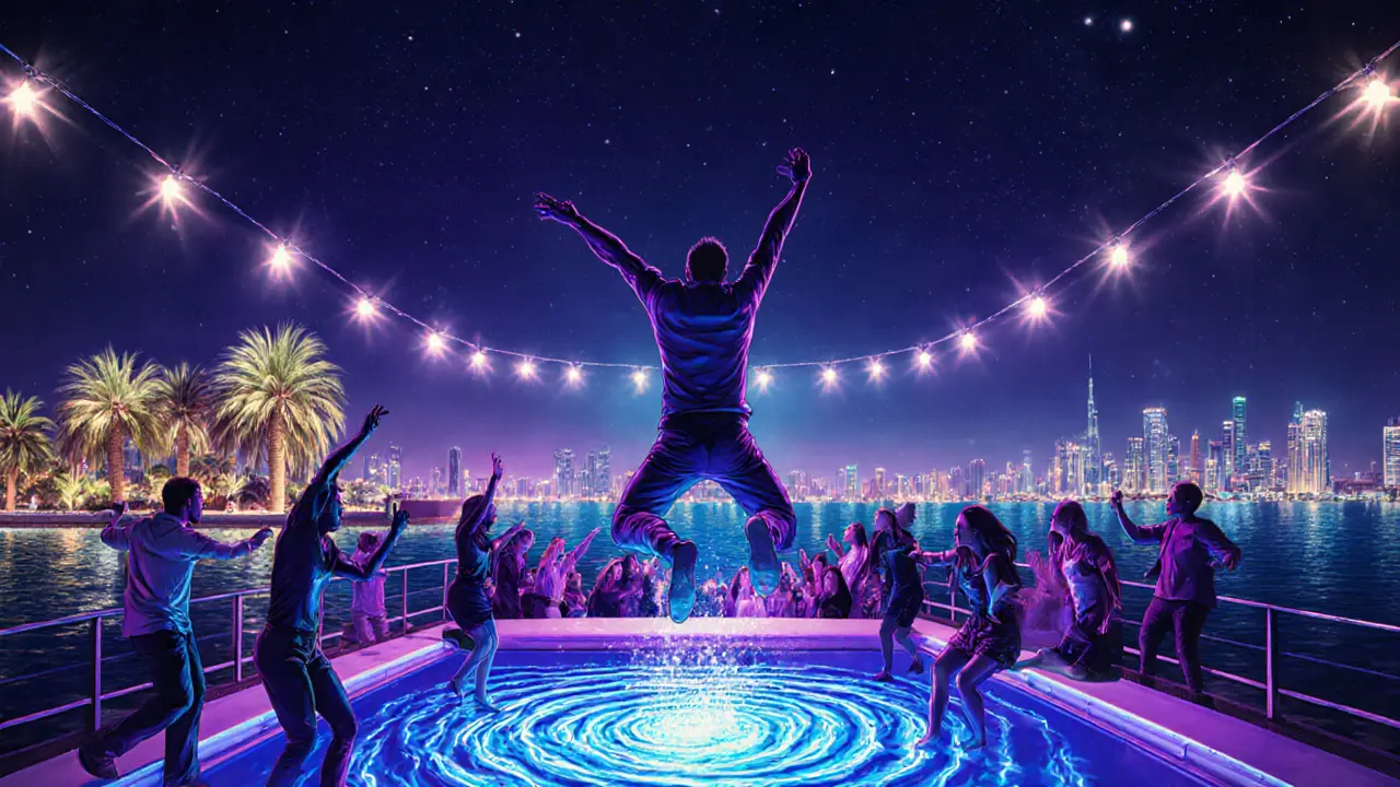 Midnight yacht party with dancing guests under neon lights, illuminated by city skyline and starry sky.