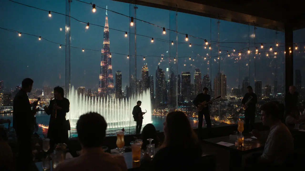 Rooftop bar in Dubai with fountain lights below and Burj Khalifa glowing in the distance.