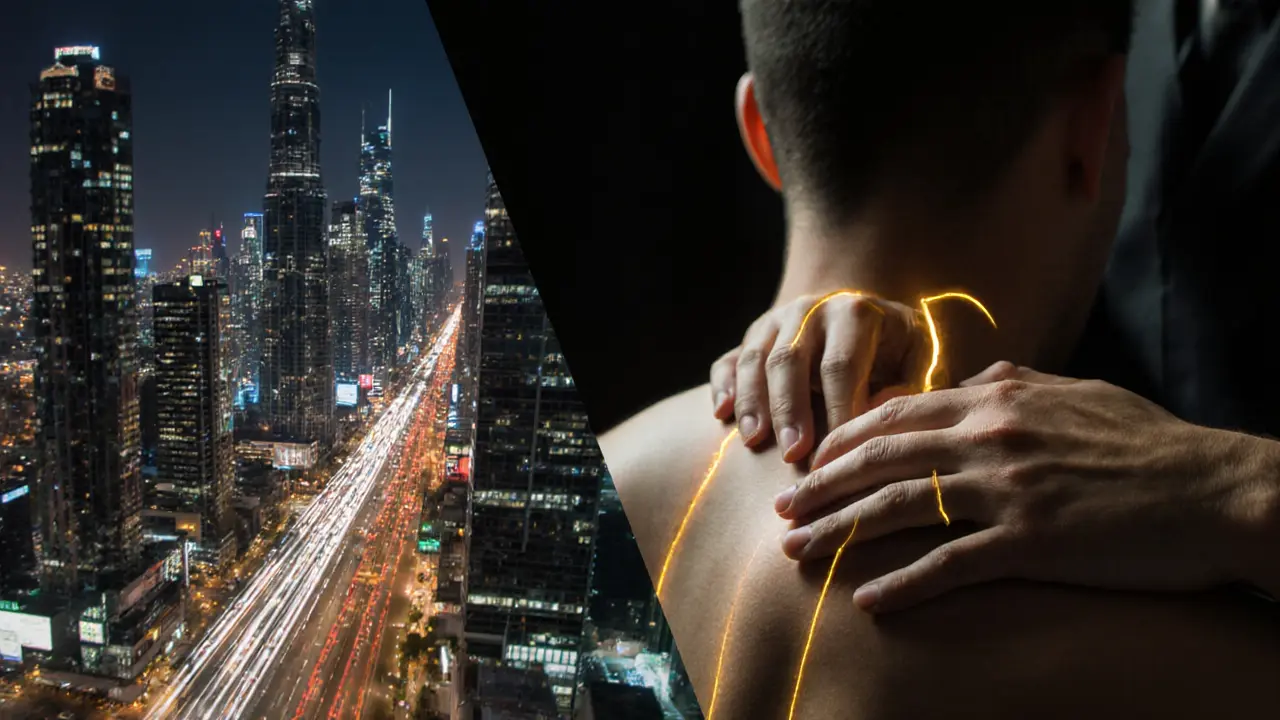 Split image showing Dubai’s busy cityscape contrasted with a peaceful massage session and glowing energy lines.